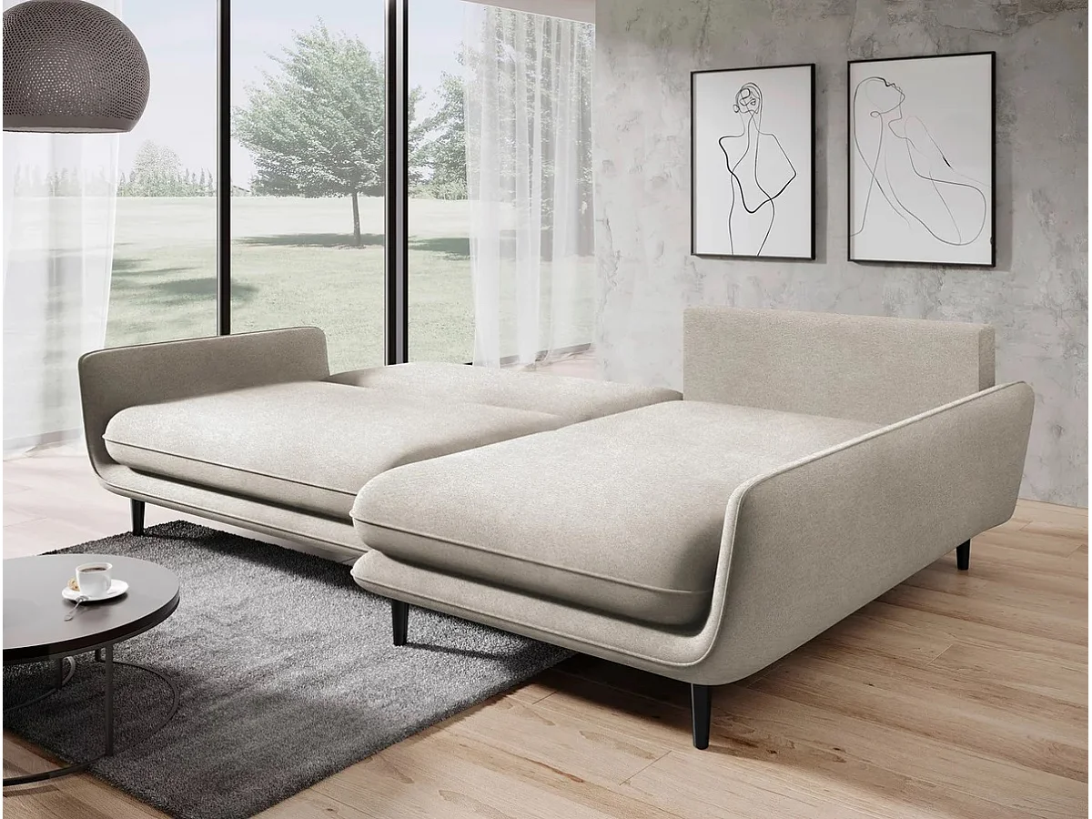 SOLANO hoekbank met bedfunctie - Elegante Scandinavische bank 260x167 cm, Houten kist en poten, Wit, Links