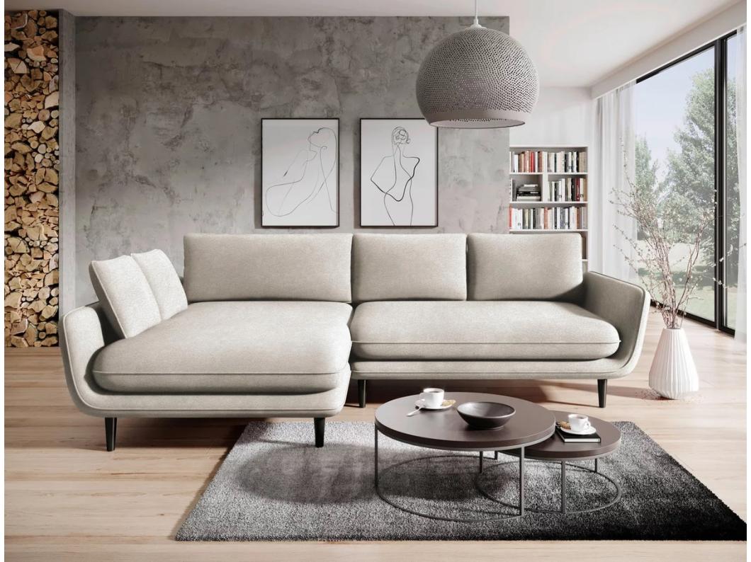 Narożnik SOLANO z funkcją spania - Elegancka sofa skandynawska 260x167 cm, Drewniana skrzynia i nóżki, Biały, Lewy