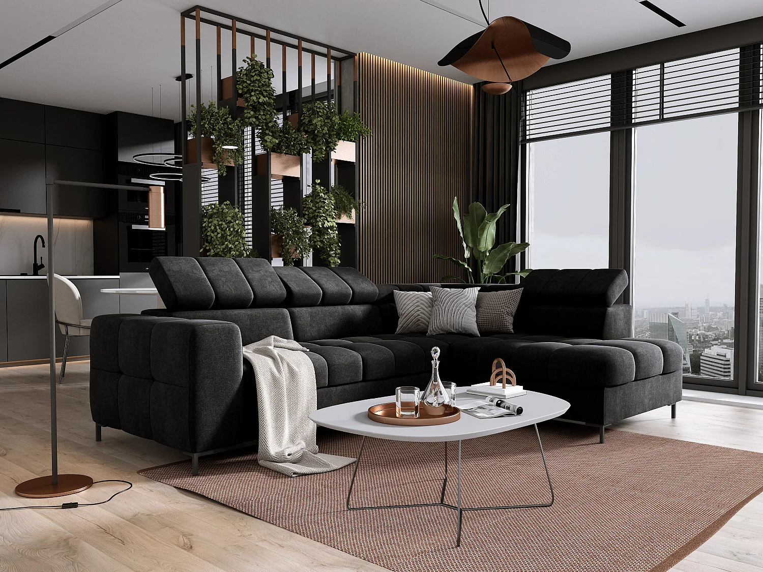 Canapé d'Angle PABLOS avec Têtière Réglable 279x201cm | Couchage & Rangement, Noir Vogue, Gauche