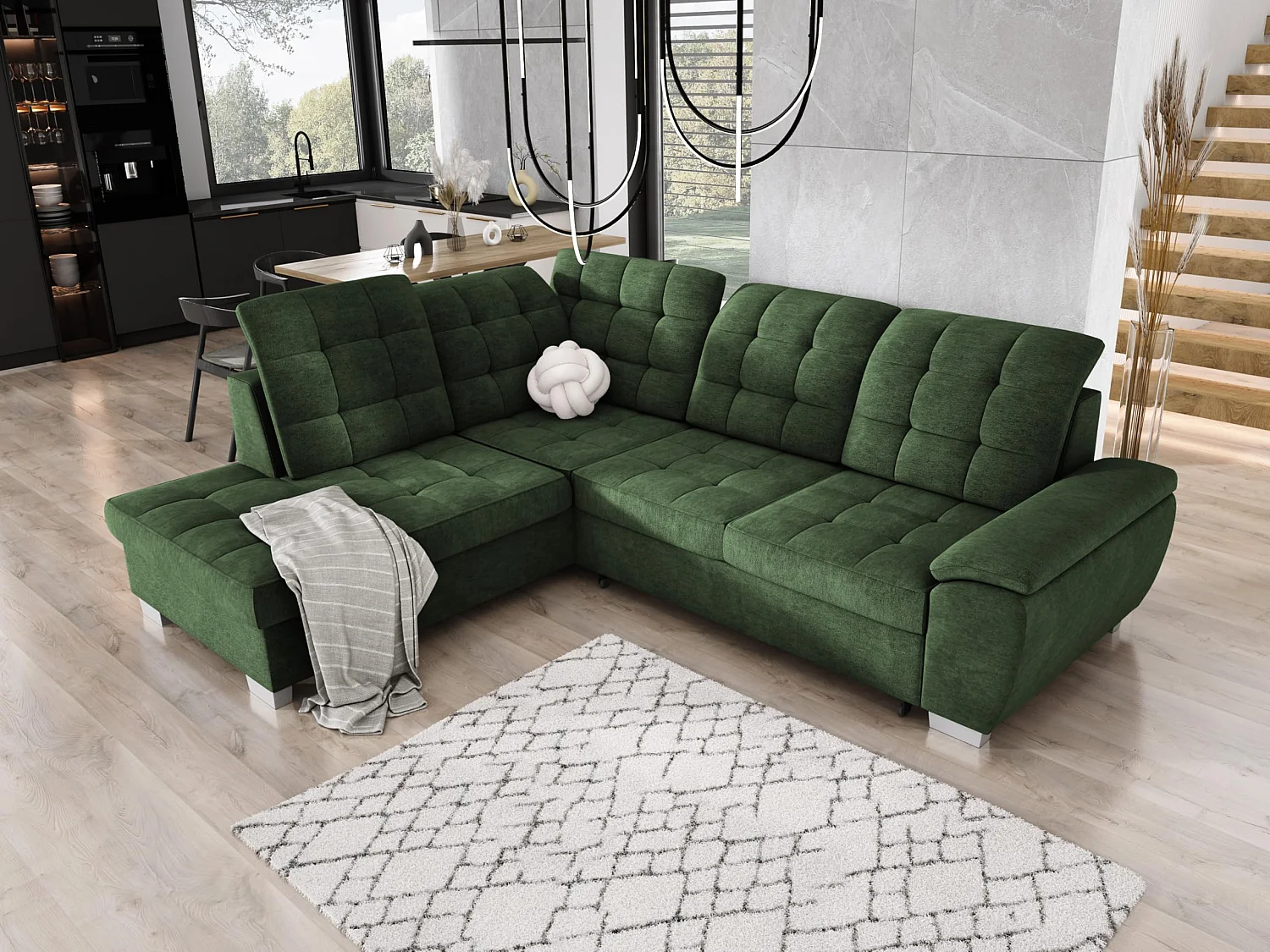 LOTTA hoekbank in stof ASTI, 258x212cm - elegant design, slaapfunctie en grote opbergruimte, links, GROEN