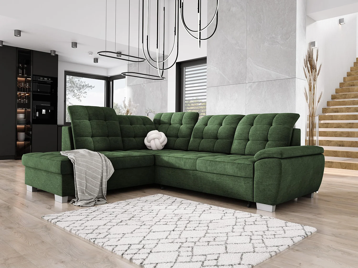 LOTTA hoekbank in stof ASTI, 258x212cm - elegant design, slaapfunctie en grote opbergruimte, links, GROEN