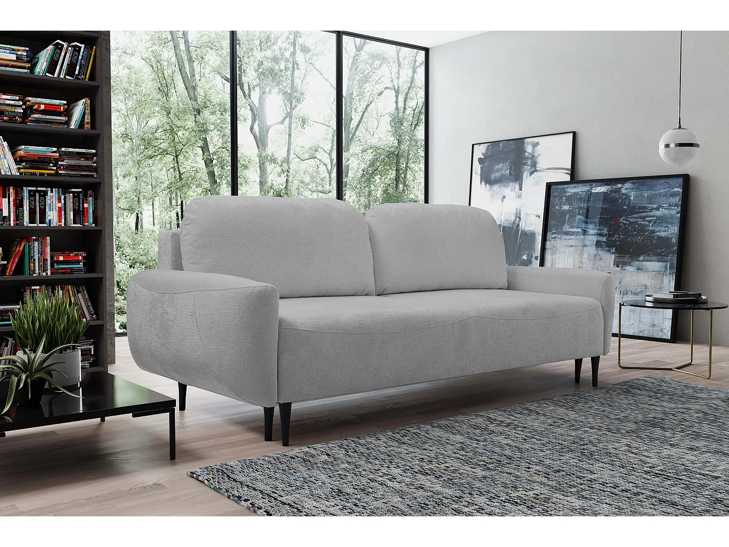 BOHO Sofa - Uitschuifbare bank met slaapoppervlak 140x200 cm, houten poten, opbergruimte, PUR-stof, 244x92x102 cm GRIJS