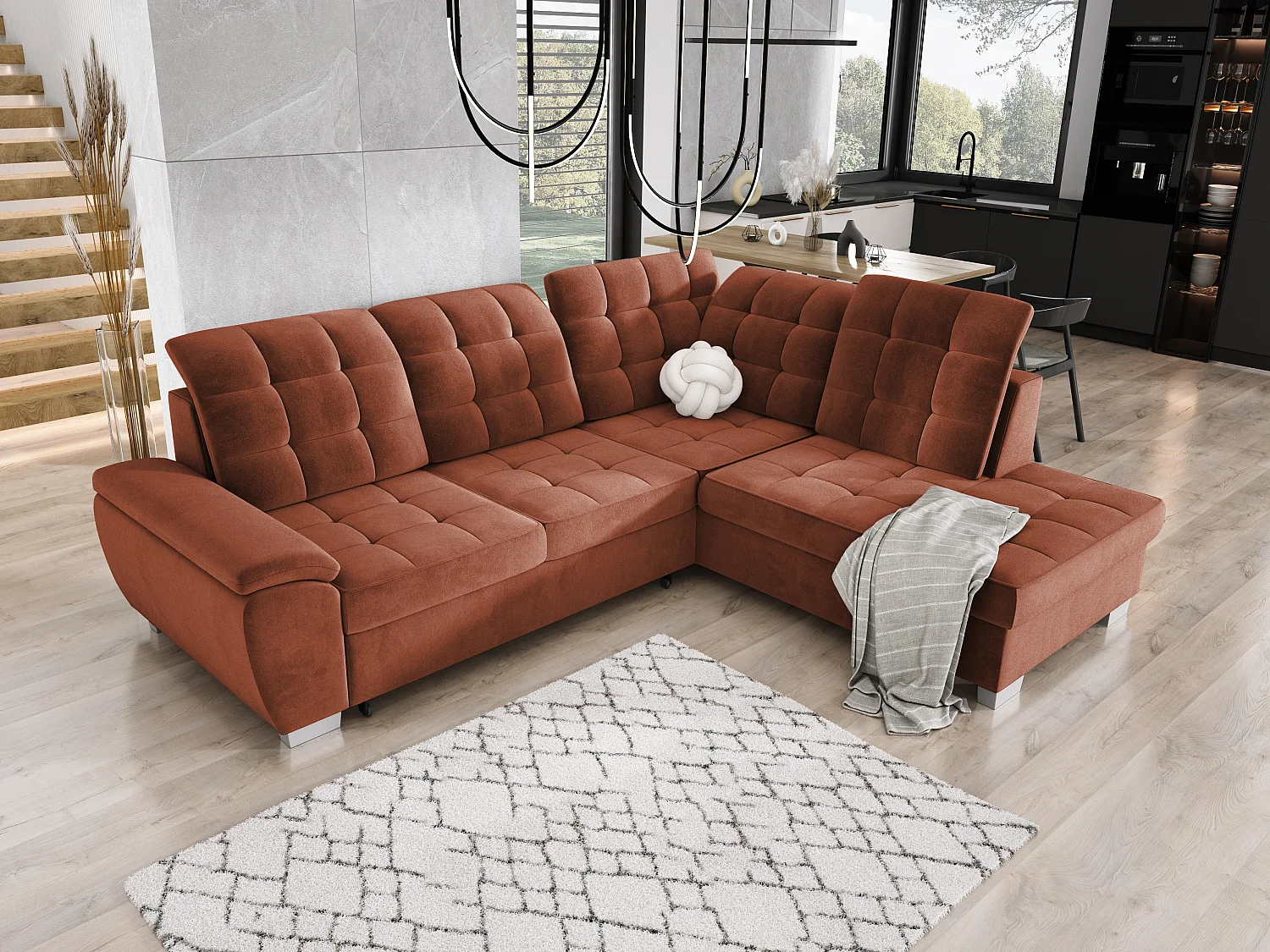 Sofa LOTTA in stof SALVADOR, ombouwbaar, ruime opbergruimte, elegant design, 258x212 cm, rechte hoek, BORDEAUX
