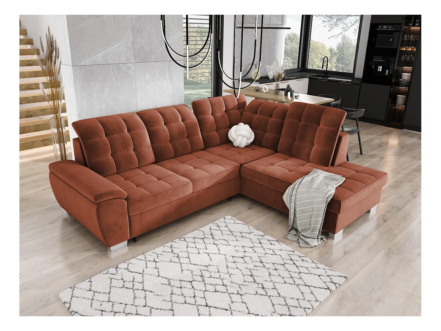 Canapé d'angle LOTTA en tissu SALVADOR, convertible, coffre spacieux, design élégant, 258x212 cm, angle droit, BORDEAUX