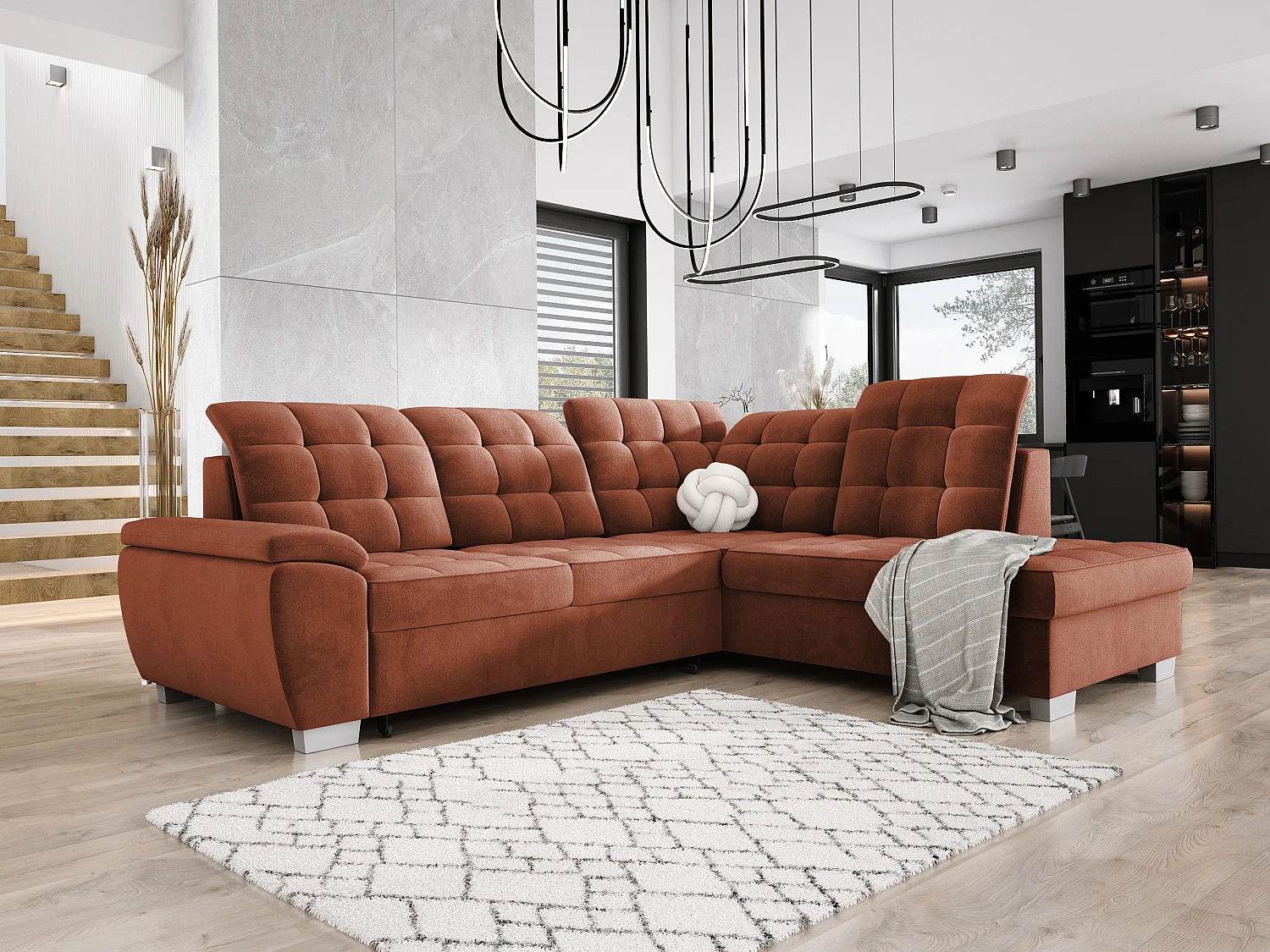 Sofa LOTTA in stof SALVADOR, ombouwbaar, ruime opbergruimte, elegant design, 258x212 cm, rechte hoek, BORDEAUX
