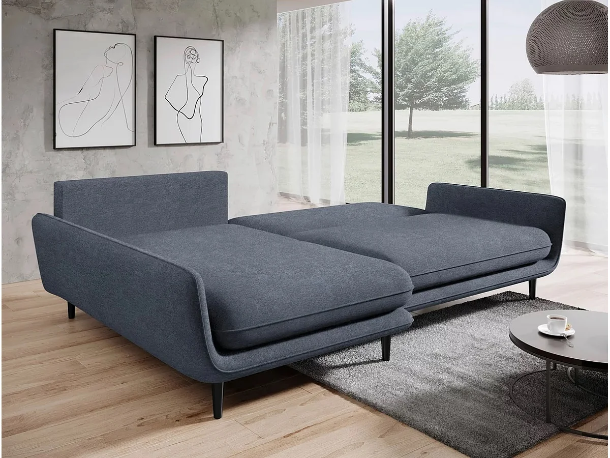 SOLANO hoekbank met bedfunctie - Elegante Scandinavische bank 260x167 cm, Houten commode en poten, Kleur donkergrijs, Links