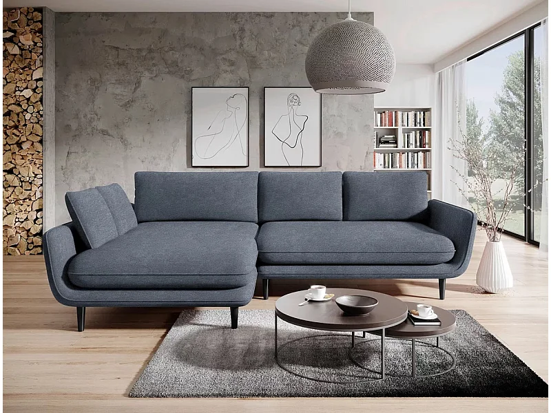 Canapé d'angle SOLANO avec fonction lit – Canapé scandinave élégant 260x167 cm, Coffre de lit et pieds en bois, Couleur gris foncé, Gauche