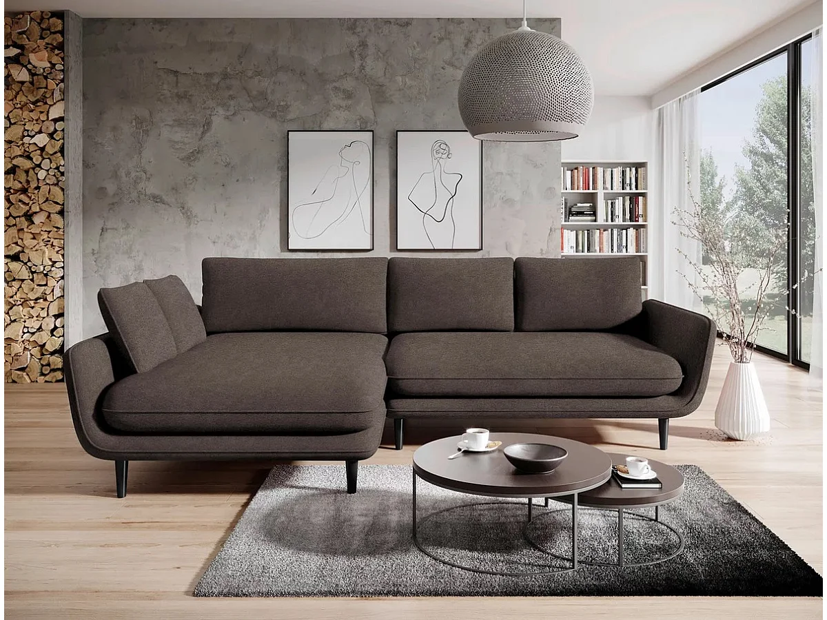 SOLANO narożnik z funkcją spania - Elegancka sofa skandynawska 260x167 cm, Drewniana skrzynia i nóżki, Kolor ciemny brąz, Lewy