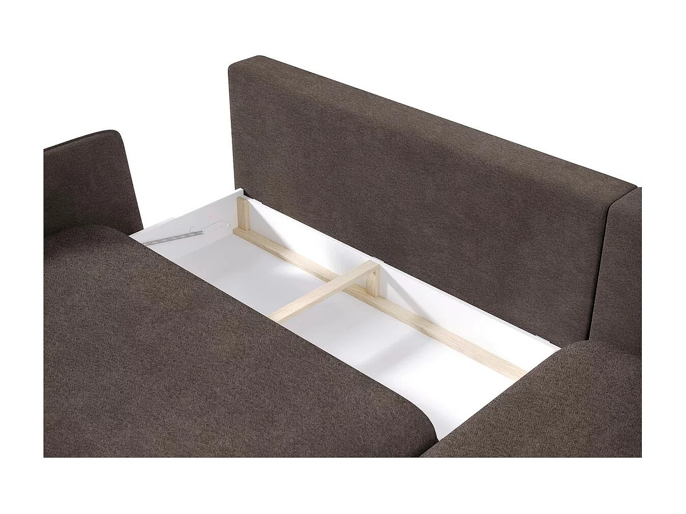 SOLANO narożnik z funkcją spania - Elegancka sofa skandynawska 260x167 cm, Drewniana skrzynia i nóżki, Kolor ciemny brąz, Lewy