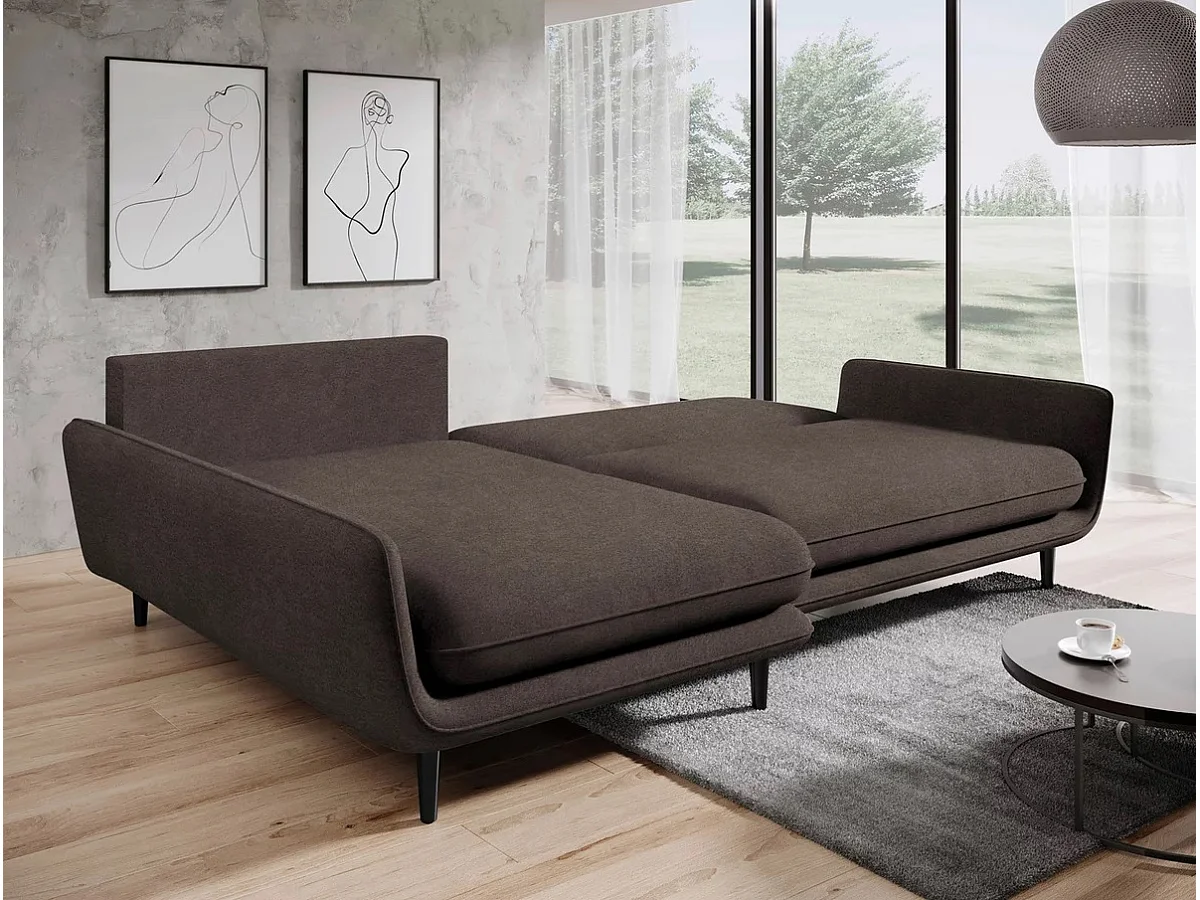 SOLANO narożnik z funkcją spania - Elegancka sofa skandynawska 260x167 cm, Drewniana skrzynia i nóżki, Kolor ciemny brąz, Lewy