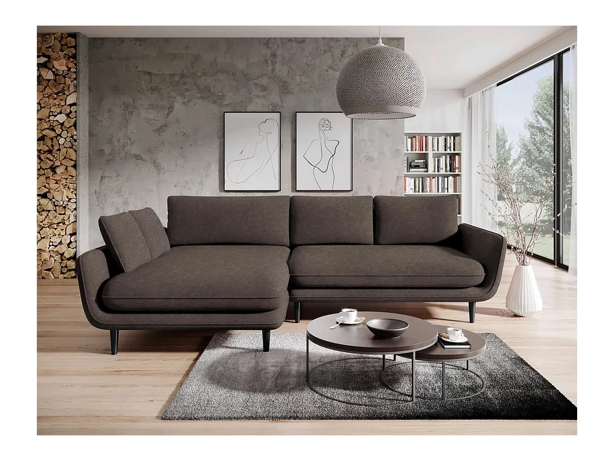 Canapé d'angle SOLANO avec fonction lit – Canapé scandinave élégant 260x167 cm, Coffre de lit et pieds en bois, Couleur marron foncé, Gauche