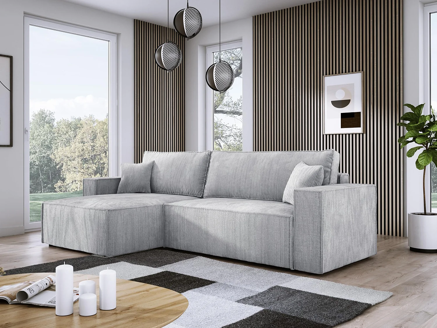 Ecksofa POSO XL mit Liegefläche und Truhe - L-Form, Rippstoff, Wellenfedern, eschenfarbig, 274x143x83 cm