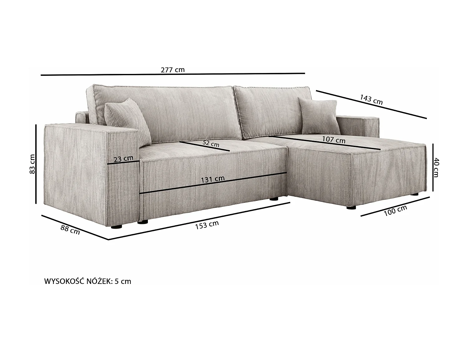 Canapé d'angle POSO XL avec couchage et coffre – L-Forme, tissu côtelé, ressorts ondulés, couleur frêne, 274x143x83 cm