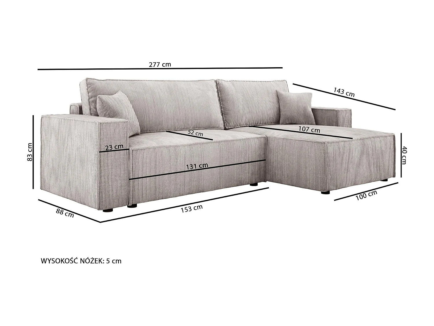 Canapé d'angle POSO XL avec couchage et coffre – L-Forme, tissu côtelé, ressorts ondulés, couleur frêne, 274x143x83 cm