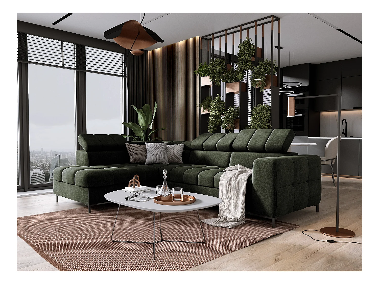 Ecksofa PABLOS mit Kopfstützenverstellung 279x201cm | Schlafen & Aufbewahren, Dunkelgrün Vogue, Links