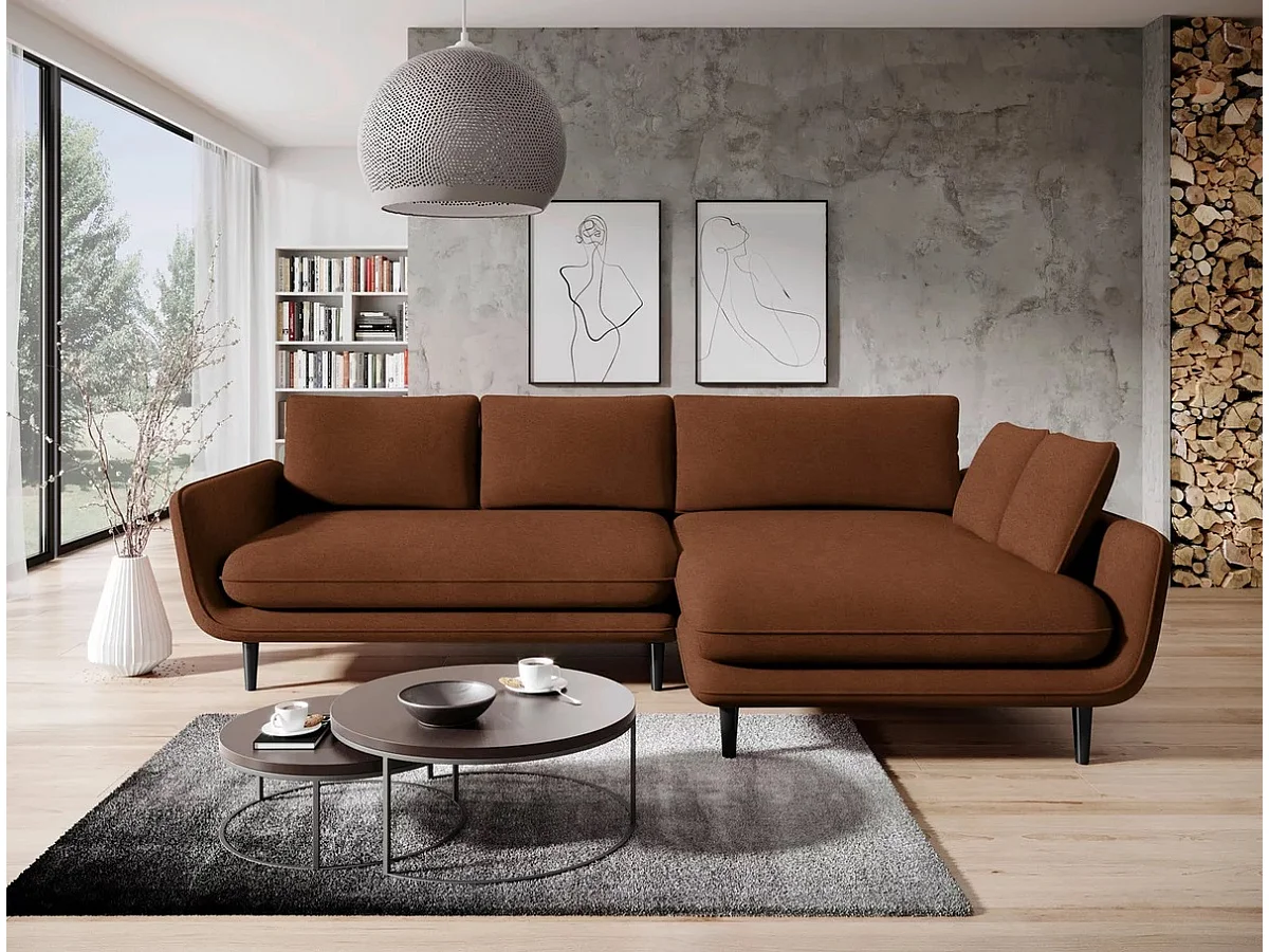 Ecksofa SOLANO mit Bettfunktion - Elegantes skandinavisches Sofa 260x167 cm, Bettkasten und Füße aus Holz, Farbe braun, Rechts