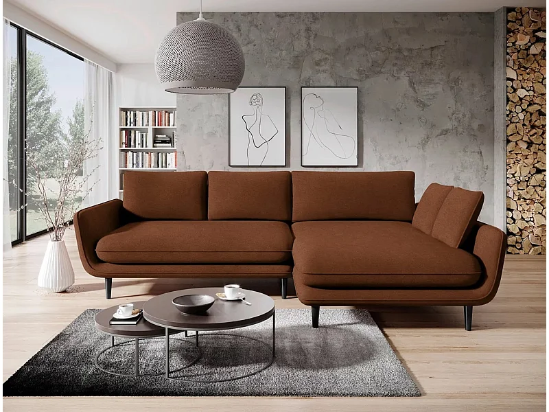 SOLANO narożnik z funkcją spania - Elegancka sofa skandynawska 260x167 cm, Drewniana skrzynia i nóżki, Kolor brązowy, Prawa