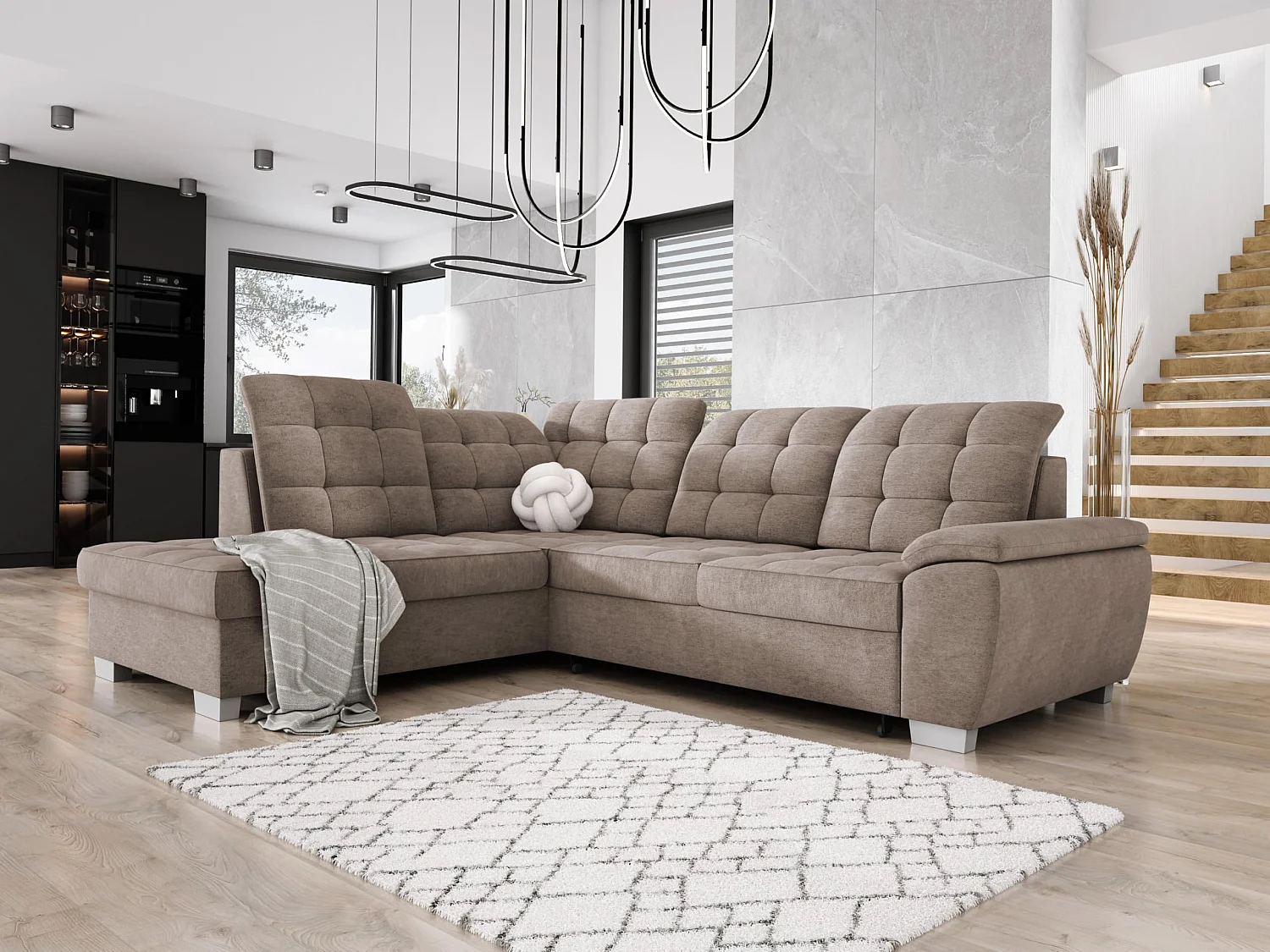 LOTTA Sofa, 258x212cm, mit Schlaffunktion und hochwertigem Bezug - ideal für kleine und große Räume, links, DUNKELBEIGE