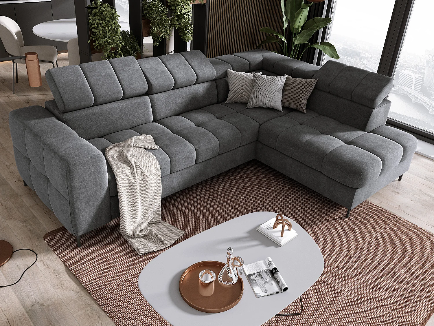 Canapé d'Angle PABLOS avec Têtière Réglable 279x201cm | Couchage & Rangement, Gris Clair Vogue, Droit