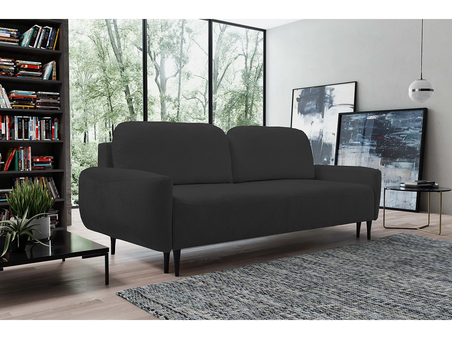 BOHO Sofa - Uitschuifbare bank met slaapoppervlak 140x200 cm, houten poten, opbergruimte, PUR-stof, 244x92x102 cm ZWART