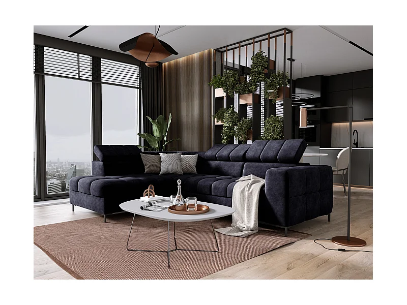Ecksofa PABLOS mit Kopfstützenverstellung 279x201cm | Schlaf- & Lagermöglichkeiten, Dunkelblau Cloud, Links