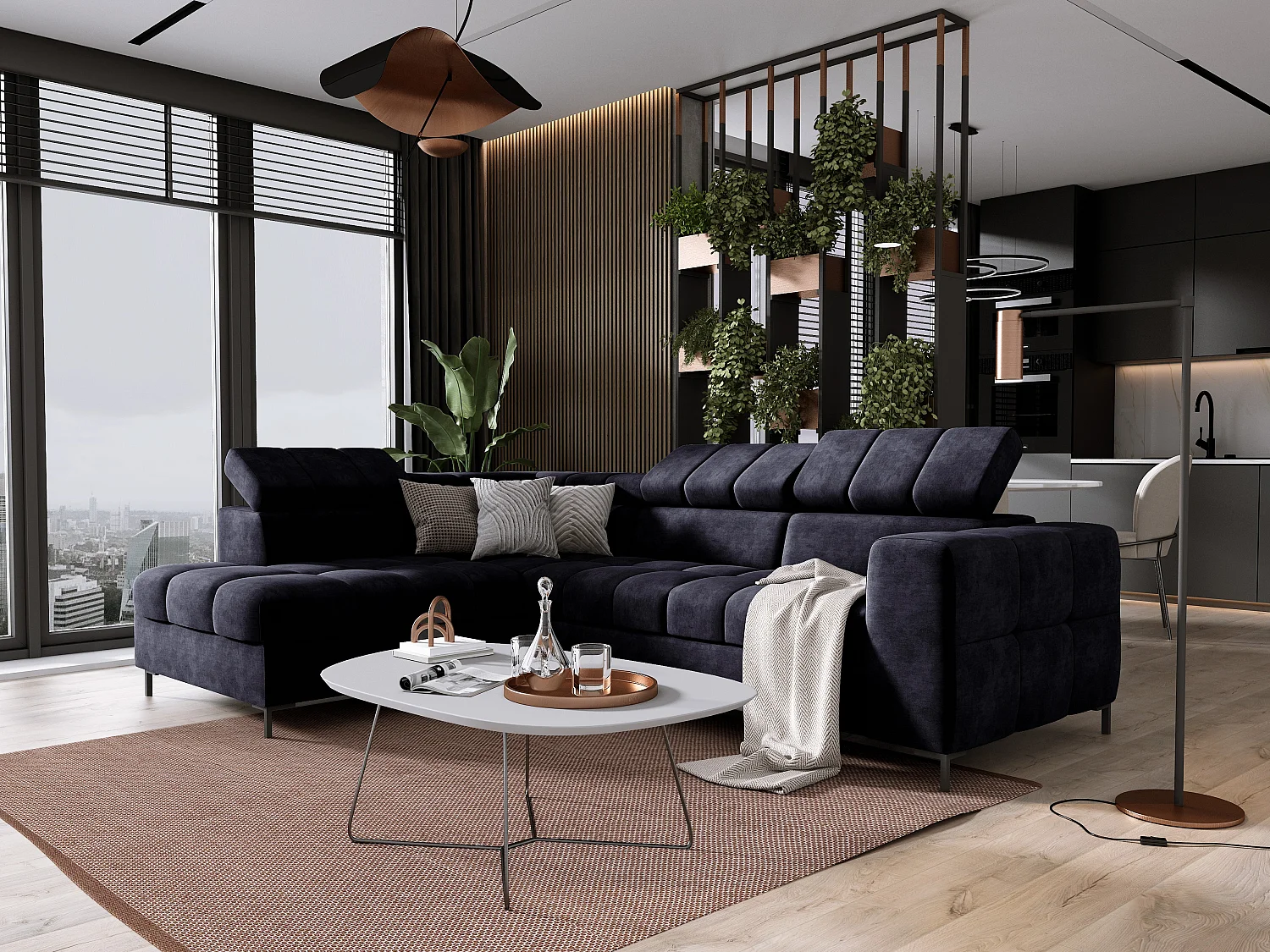 Ecksofa PABLOS mit Kopfstützenverstellung 279x201cm | Schlaf- & Lagermöglichkeiten, Dunkelblau Cloud, Links