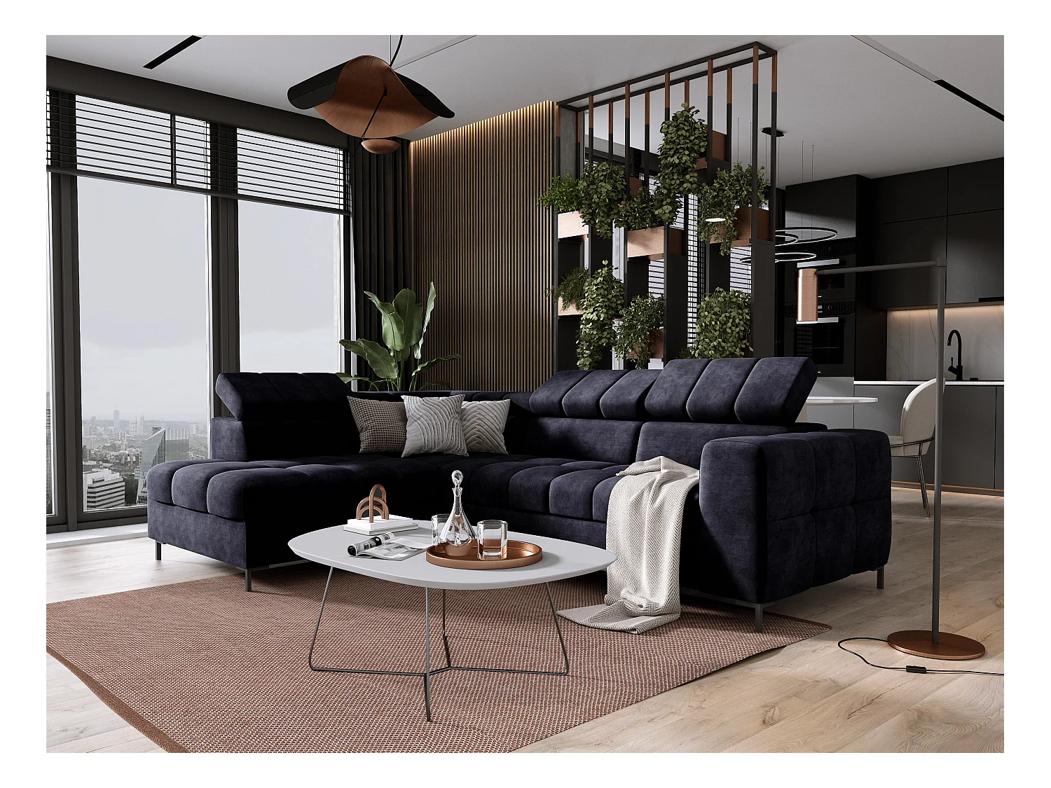 Canapé d'Angle PABLOS avec Têtière Réglable 279x201cm | Couchage & Rangement, Bleu Foncé Cloud, Gauche