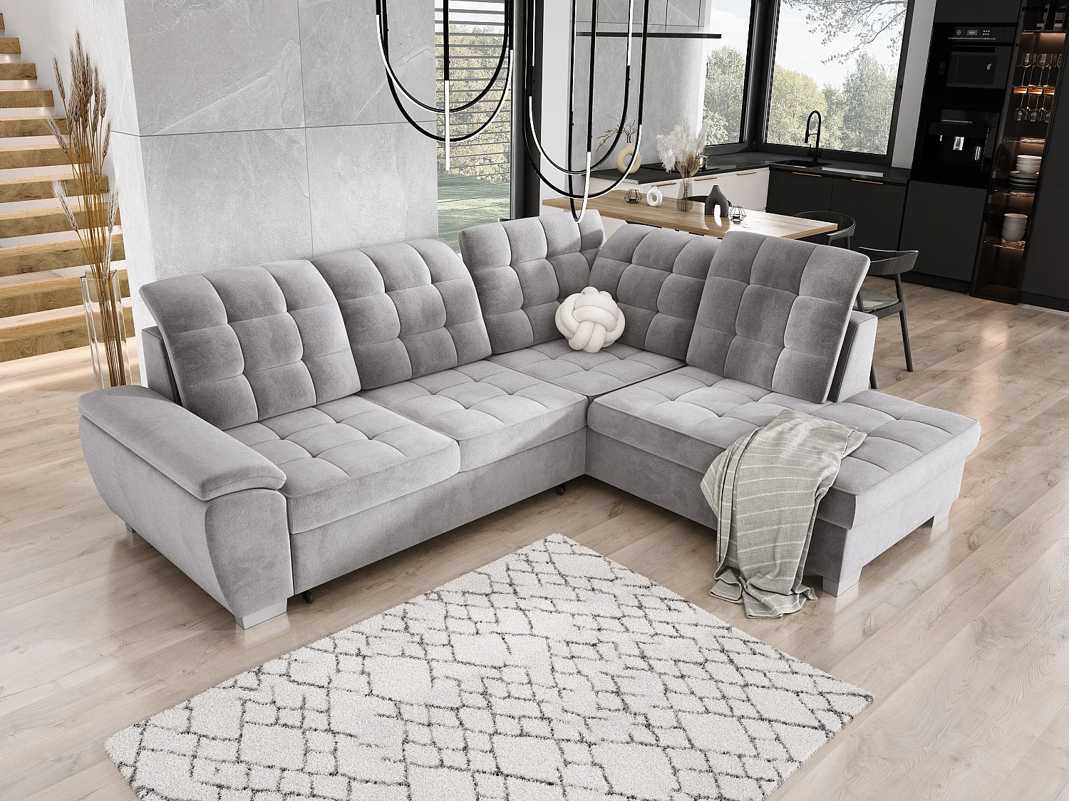 Canapé d'angle LOTTA, couchage 186x125 cm, relax, velours facile à entretenir, 258x212 cm, angle droit, GRIS
