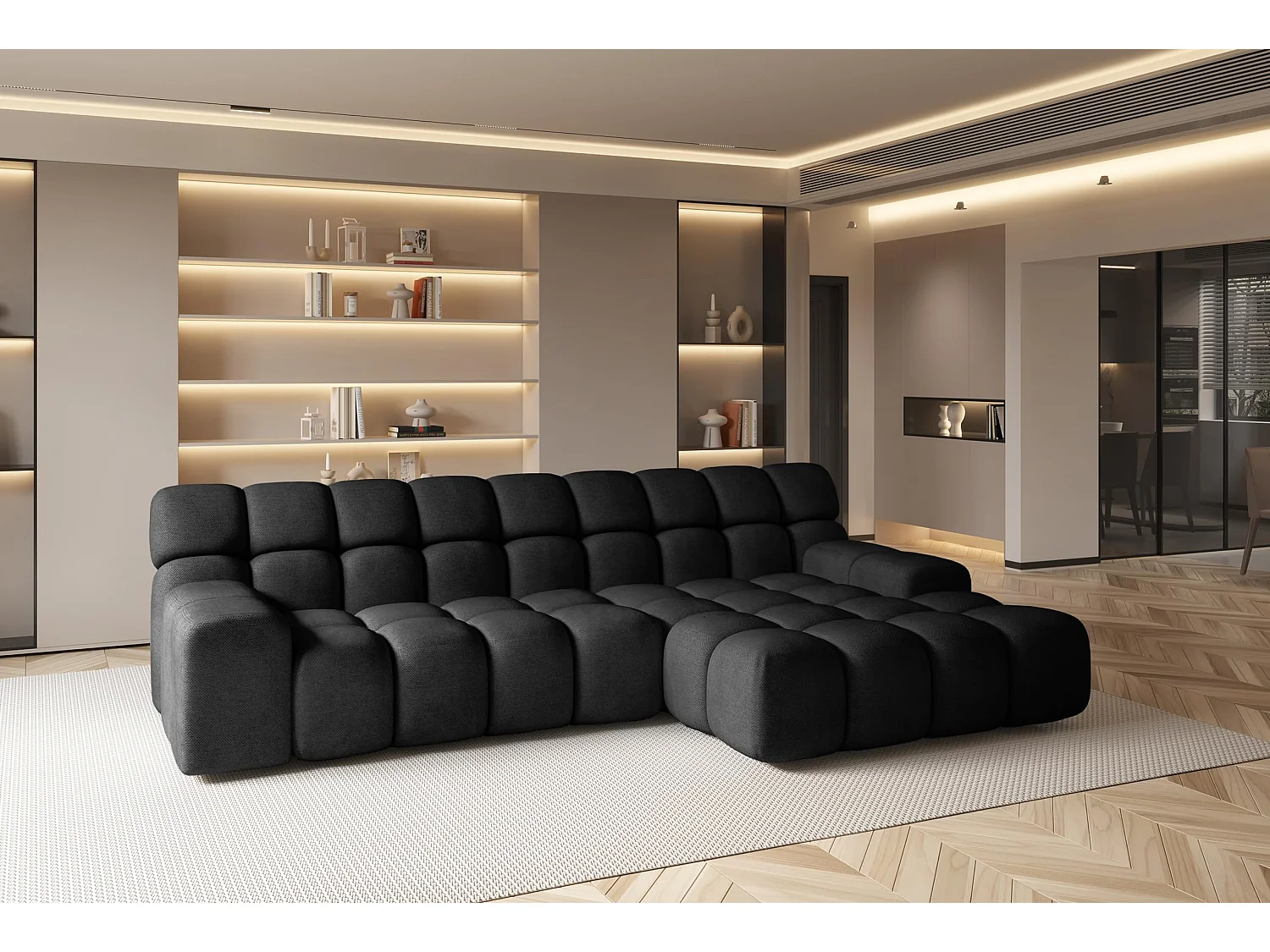 Canapé d'angle CAMPILE au design moderne, 297x180 cm, haute fonctionnalité, Assise confortable, Couleur Noir, Droite