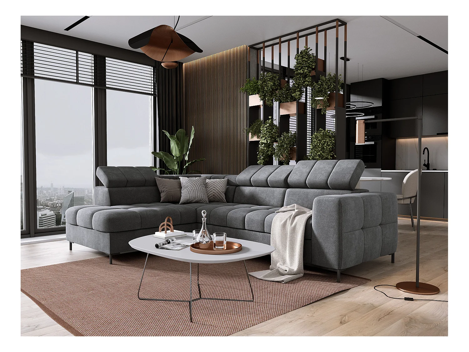 Canapé d'Angle PABLOS avec Têtière Réglable 279x201cm | Couchage & Rangement, Gris Clair Vogue, Gauche