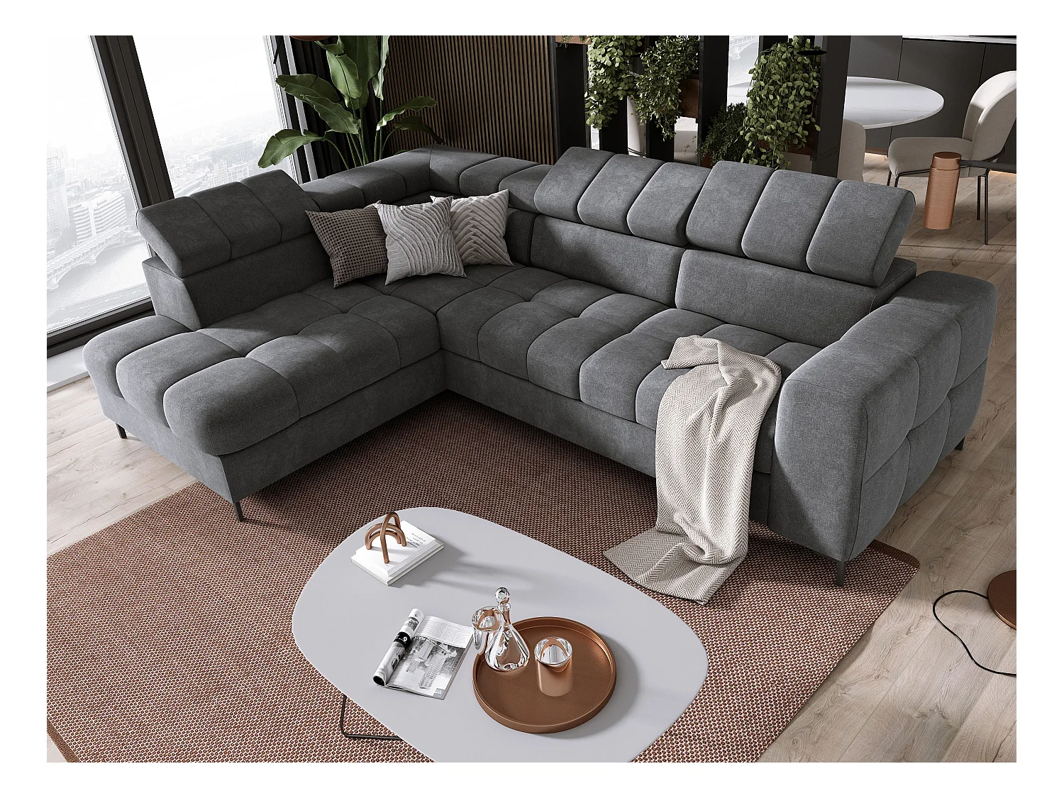 Canapé d'Angle PABLOS avec Têtière Réglable 279x201cm | Couchage & Rangement, Gris Clair Vogue, Gauche