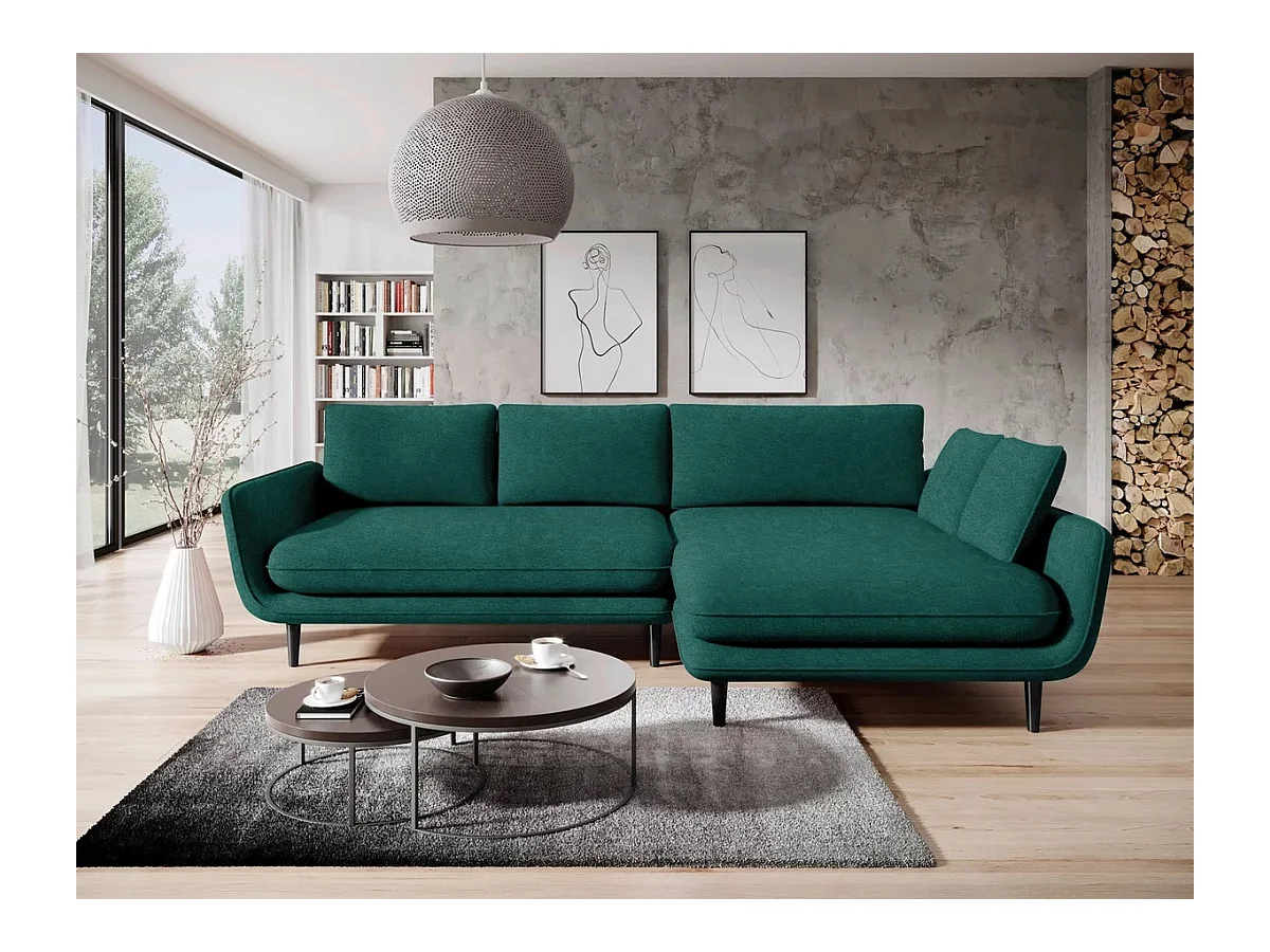 Canapé d'angle SOLANO avec fonction lit – Canapé scandinave élégant 260x167 cm, Coffre de lit et pieds en bois, Couleur vert foncé, Droit