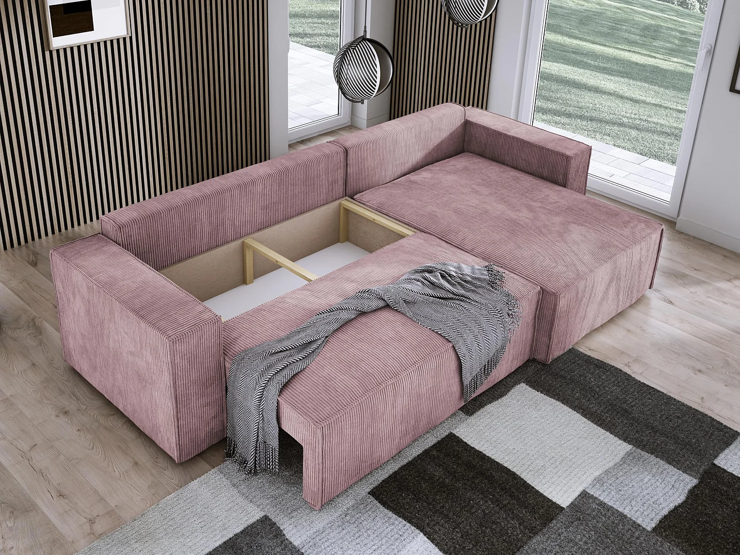 Canapé d'angle POSO XL avec coffre – couchage confortable, tissu côtelé, ressorts ondulés, rose sale, 274x143x83 cm