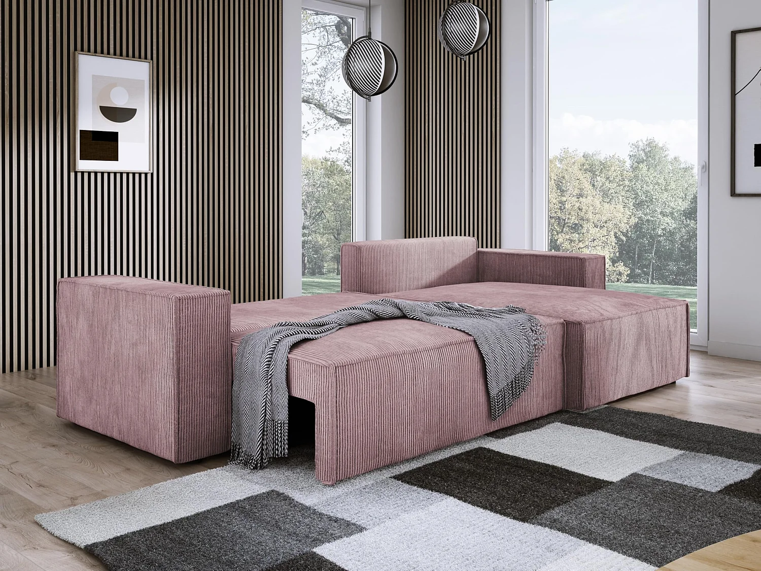 Canapé d'angle POSO XL avec coffre – couchage confortable, tissu côtelé, ressorts ondulés, rose sale, 274x143x83 cm