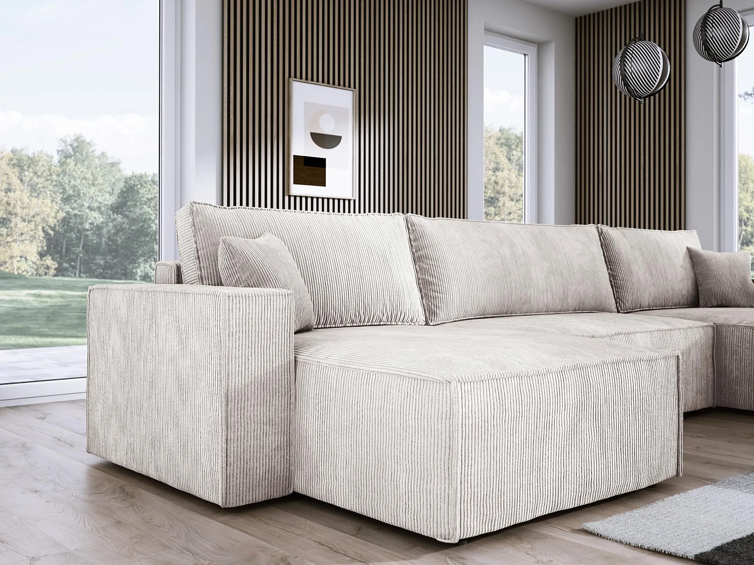 DomoHome XXL U-Ecksofa mit Bett 330x130cm, weiche Kissen, Truhe, hochwertige Polsterung, weiß, 377x143x83cm