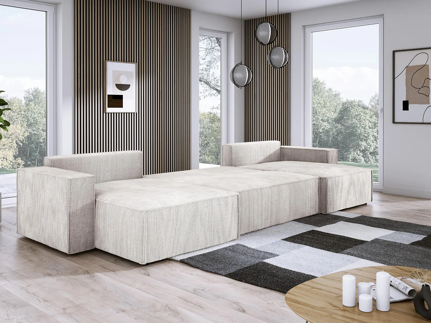 DomoHome XXL Canapé d'angle U avec lit 330x130cm, coussins doux, coffre, rembourrage haut de gamme, blanc, 377x143x83cm