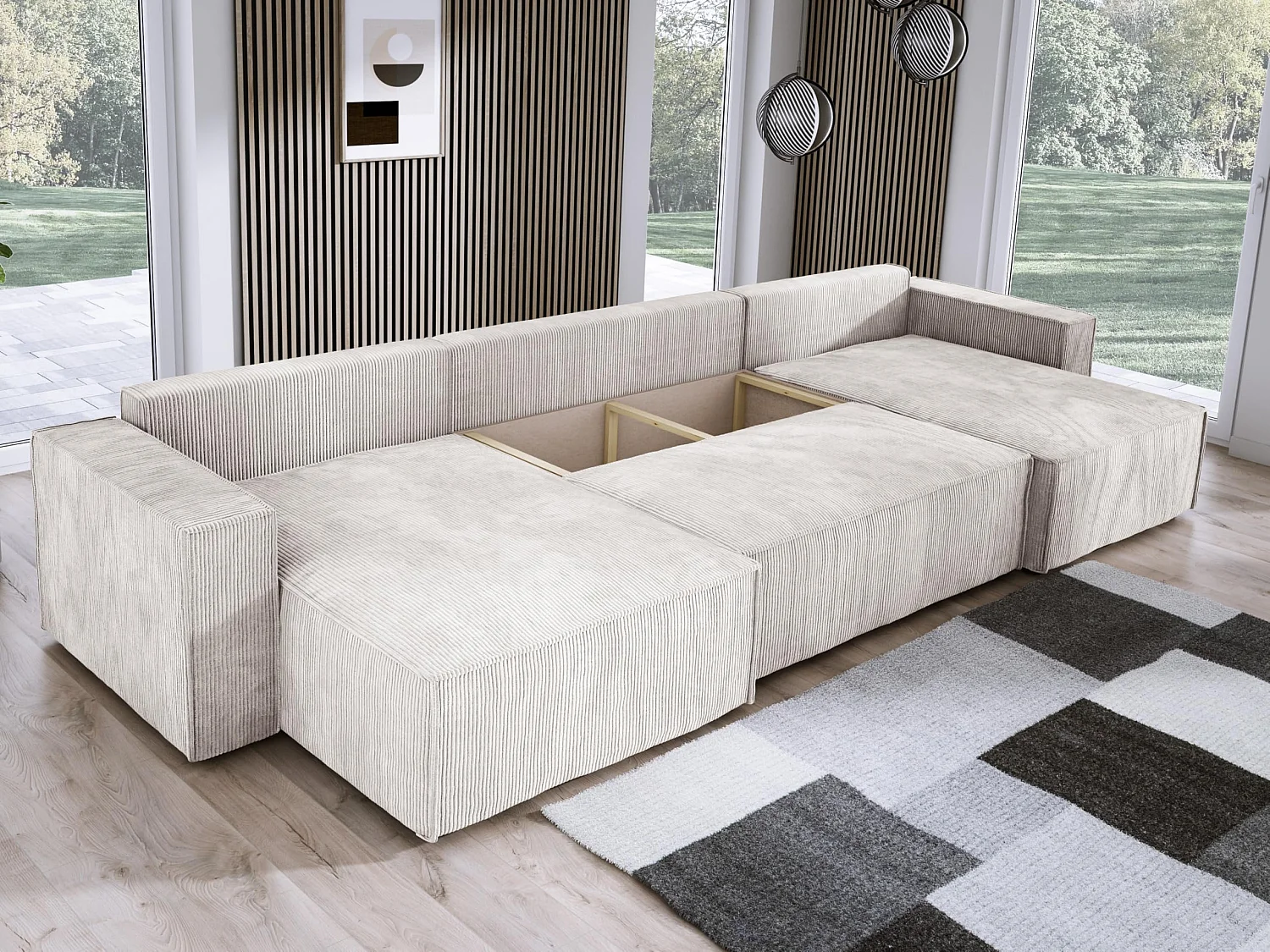 DomoHome XXL Canapé d'angle U avec lit 330x130cm, coussins doux, coffre, rembourrage haut de gamme, blanc, 377x143x83cm