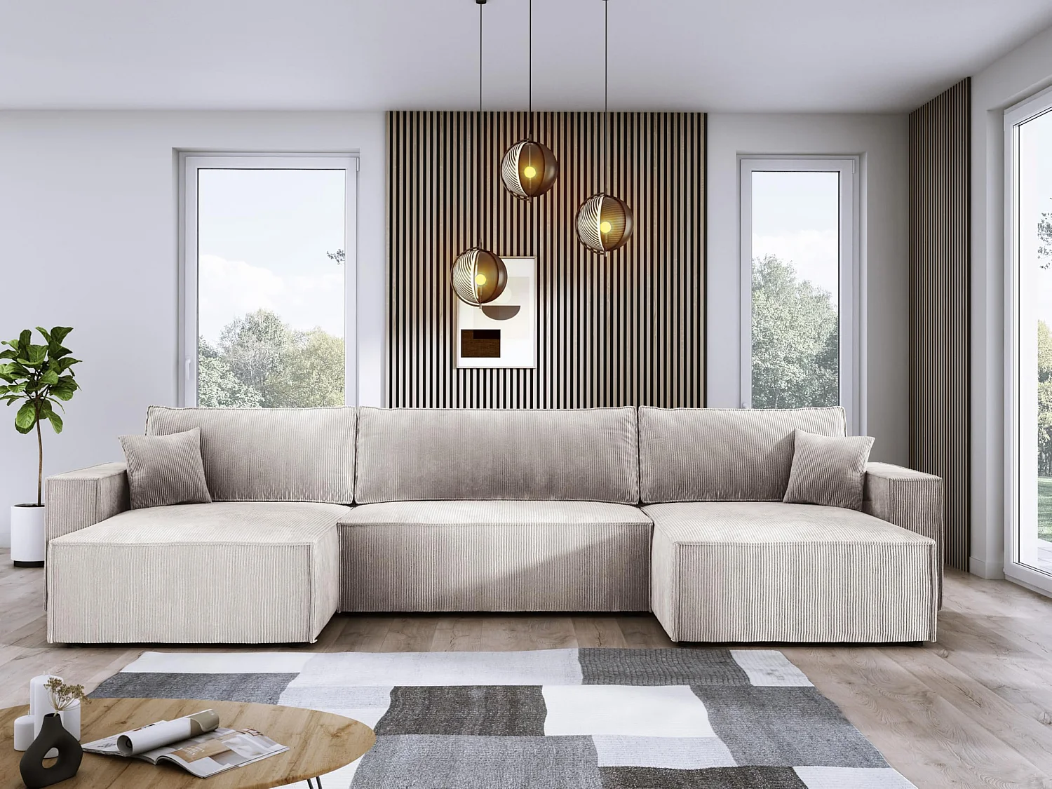 DomoHome XXL U-Ecksofa mit Bett 330x130cm, weiche Kissen, Truhe, hochwertige Polsterung, weiß, 377x143x83cm