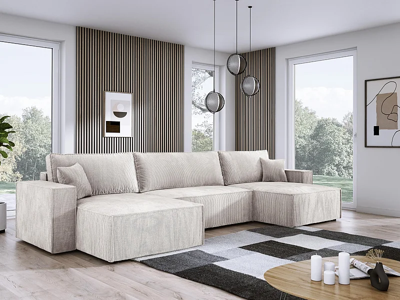 DomoHome XXL U-Ecksofa mit Bett 330x130cm, weiche Kissen, Truhe, hochwertige Polsterung, weiß, 377x143x83cm