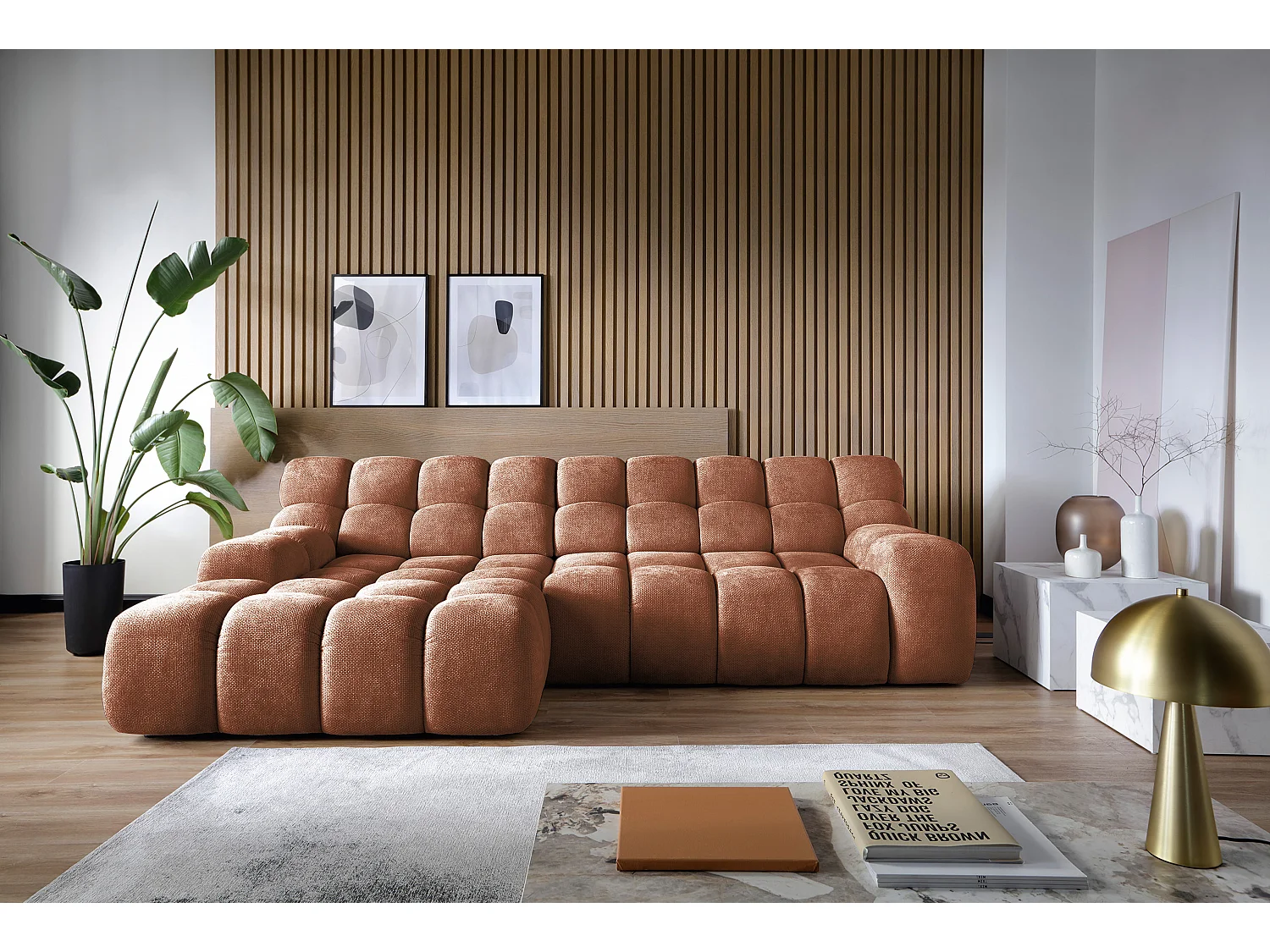 Canapé d'angle CAMPILE avec siège coulissant électriquement, appuie-tête réglables, disposition à gauche, 288x119x85 cm, couleur orange