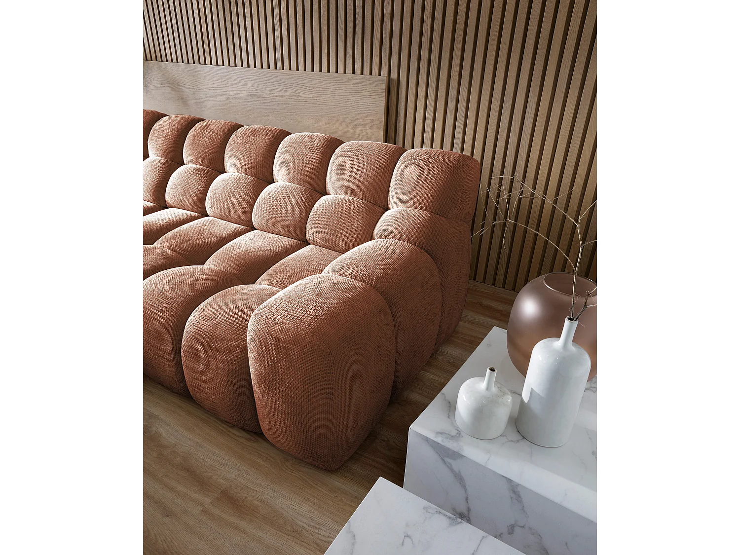 Canapé d'angle CAMPILE avec siège coulissant électriquement, appuie-tête réglables, disposition à gauche, 288x119x85 cm, couleur orange