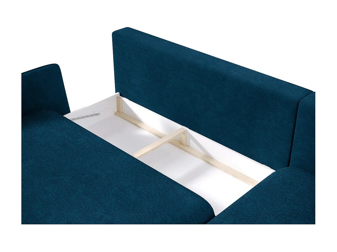 Narożnik SOLANO z funkcją spania - Elegancka sofa skandynawska 260x167 cm, Drewniana skrzynia i nóżki, Niebieski, Lewy
