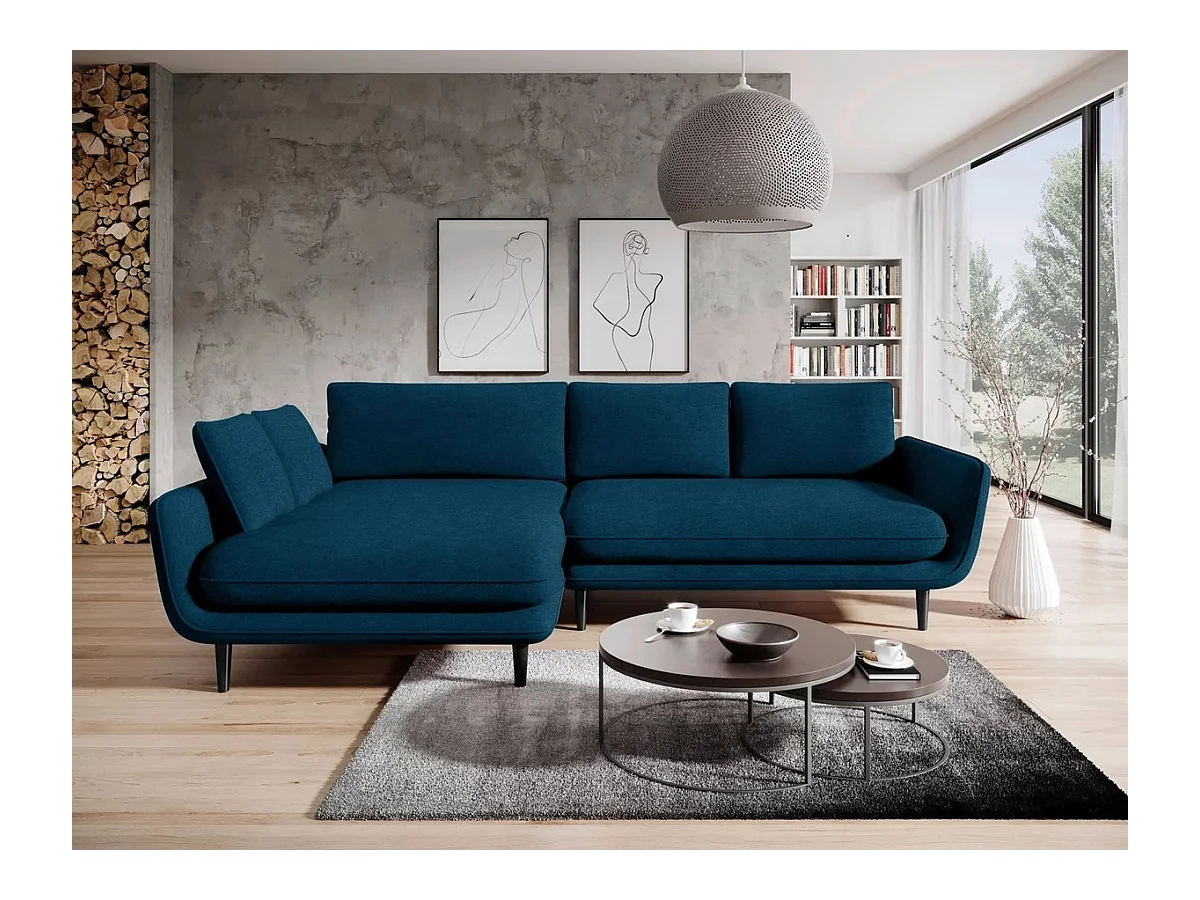 Canapé d'angle SOLANO avec fonction lit – Canapé scandinave élégant 260x167 cm, Coffre de lit et pieds en bois, Couleur bleue, Gauche