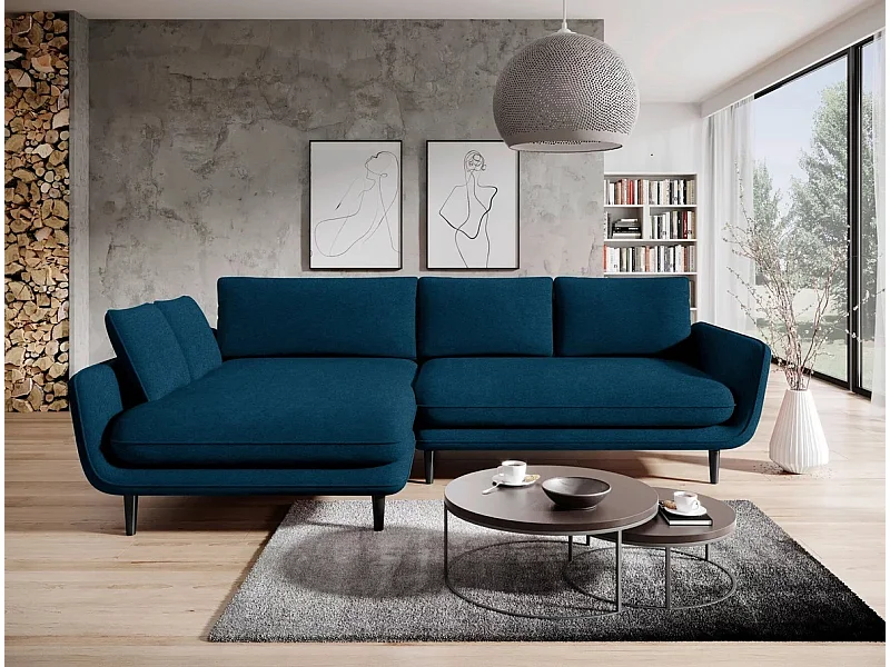 Narożnik SOLANO z funkcją spania - Elegancka sofa skandynawska 260x167 cm, Drewniana skrzynia i nóżki, Niebieski, Lewy