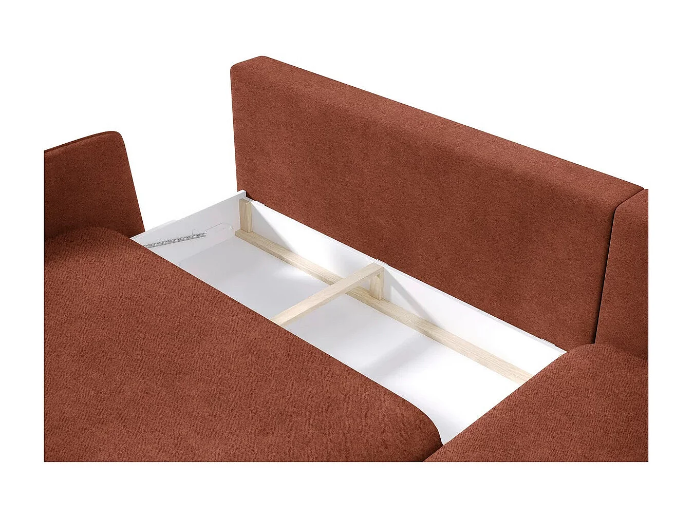 Narożnik SOLANO z funkcją spania - Elegancka sofa skandynawska 260x167 cm, Drewniana skrzynia i nóżki, Czerwony, Prawy