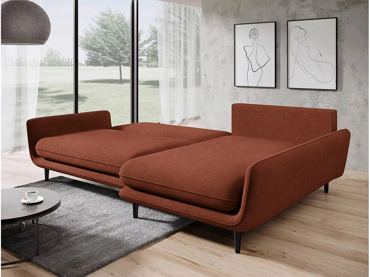 Narożnik SOLANO z funkcją spania - Elegancka sofa skandynawska 260x167 cm, Drewniana skrzynia i nóżki, Czerwony, Prawy