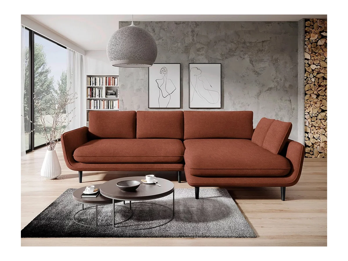 Canapé d'angle SOLANO avec fonction lit – Canapé scandinave élégant 260x167 cm, Coffre de lit et pieds en bois, Couleur rouge, Droit