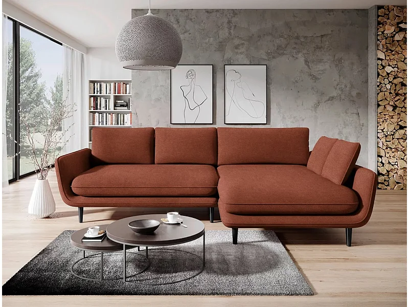 Hoekbank SOLANO met bedfunctie - Elegante Scandinavische bank 260x167 cm, Houten ladekast en poten, Rood, Rechts