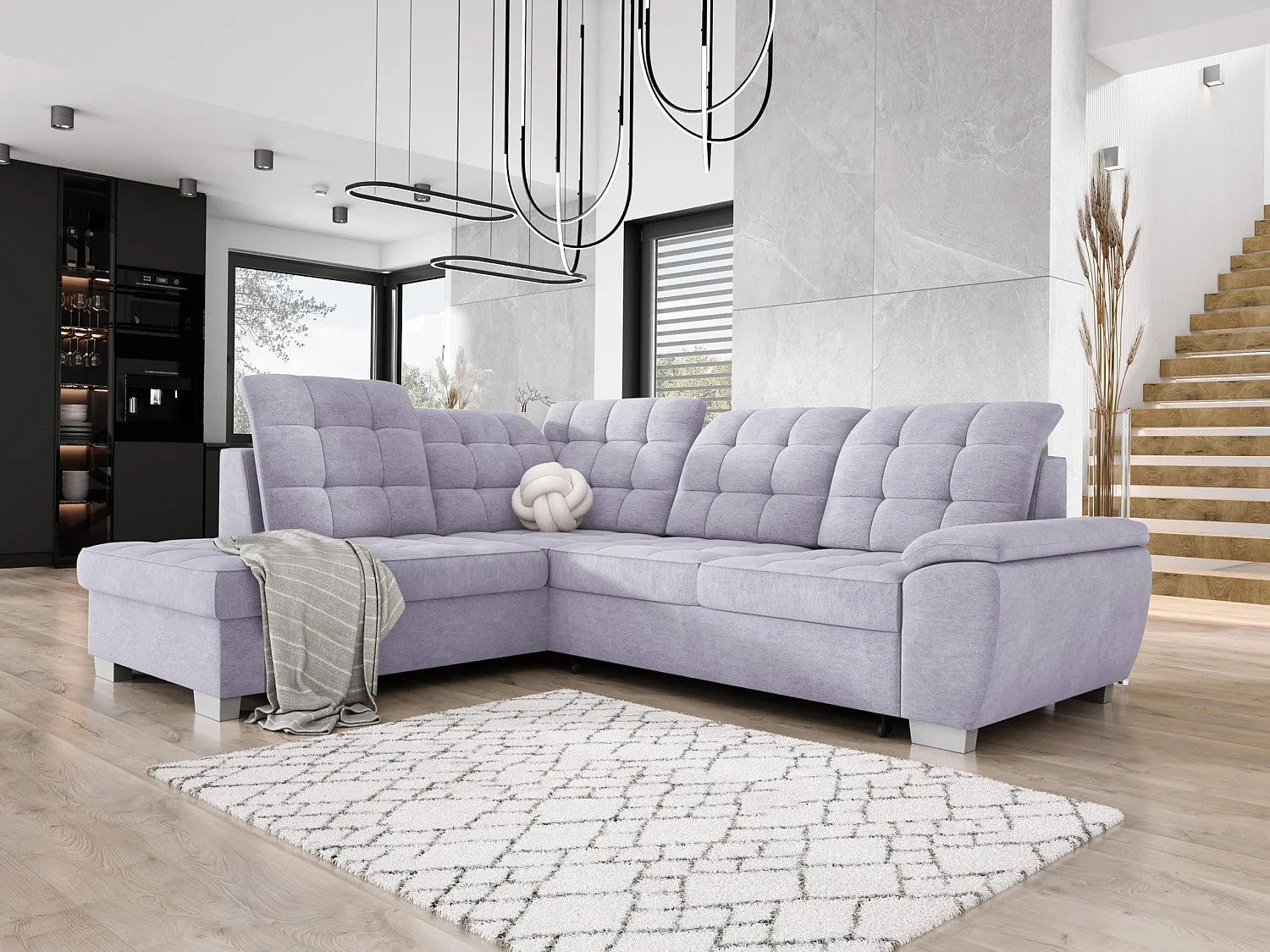 LOTTA hoekbank in stof ASTI, 258x212cm - elegant design, slaapfunctie en ruime opbergruimte, links, LIGHT GREY