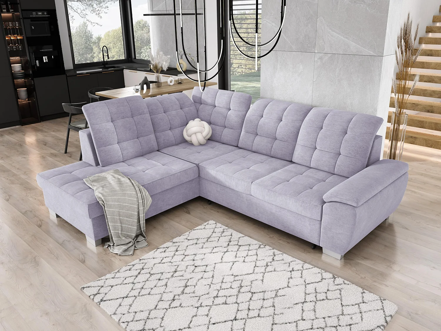 LOTTA hoekbank in stof ASTI, 258x212cm - elegant design, slaapfunctie en ruime opbergruimte, links, LIGHT GREY